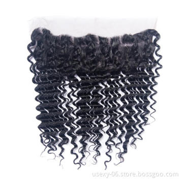 Wholesale Price Raw Indian Hair Deep Wave Human Hair Weave  Ear To Ear 13*4  Lace Frontal Closure
